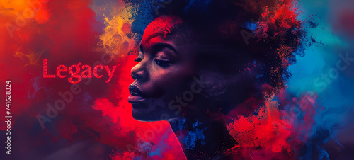 Silhouette of an African woman against a vibrant, abstract splash of red and blue colors with the word Legacy superimposed, symbolizing cultural heritage and identity