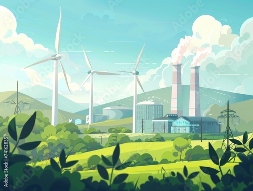 Power plant with wind turbines, green energy concept, renewable energy, care for the environment