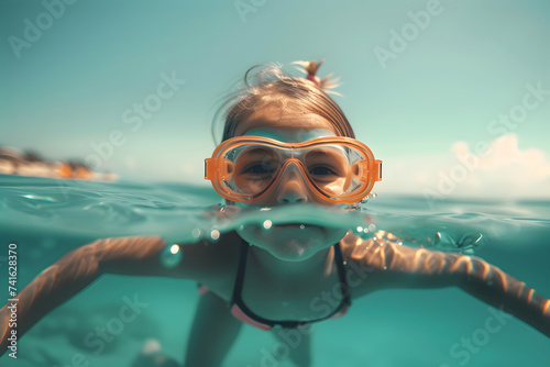 Cute child with goggles swimming in sea