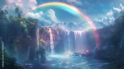 A rainbow over a waterfall with mountains in the background, Majestic Waterfalls Echoes of Serenity