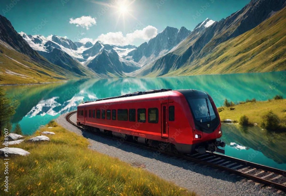 Red train moving along lake in beautiful mountain landscape 