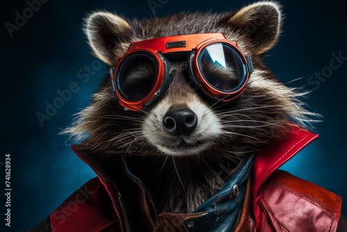 Close up portrait of a raccoon in a superman costume wearing glasses 
