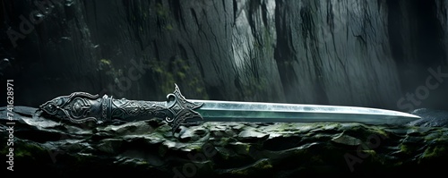 Legendary sword in stone resembling Excalibur linked to King Arthurs lore. Concept Medieval history, Legend of King Arthur, Sword in the Stone, Excalibur, Mythical weapons photo