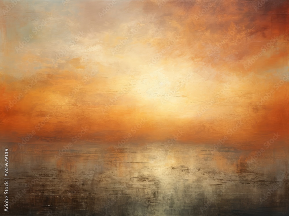 Fototapeta premium The painting depicts the vibrant hues of the setting sun casting a warm glow over the tranquil water body, creating a serene and captivating scene.