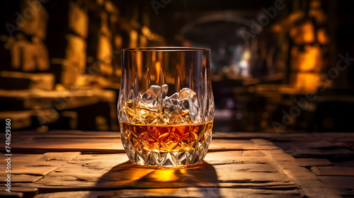 Concept illustration of whiskey bottle with a glass filled with drink on table