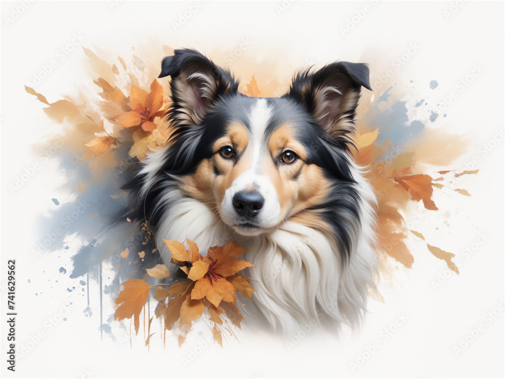 Fototapeta premium Autumnal Portrait of a Border Collie With Fall Leaves
