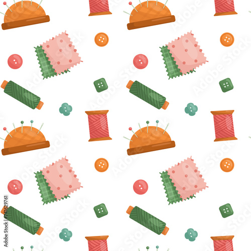 Vector pattern with sewing tools. Pincushion, fabric, threads, buttons