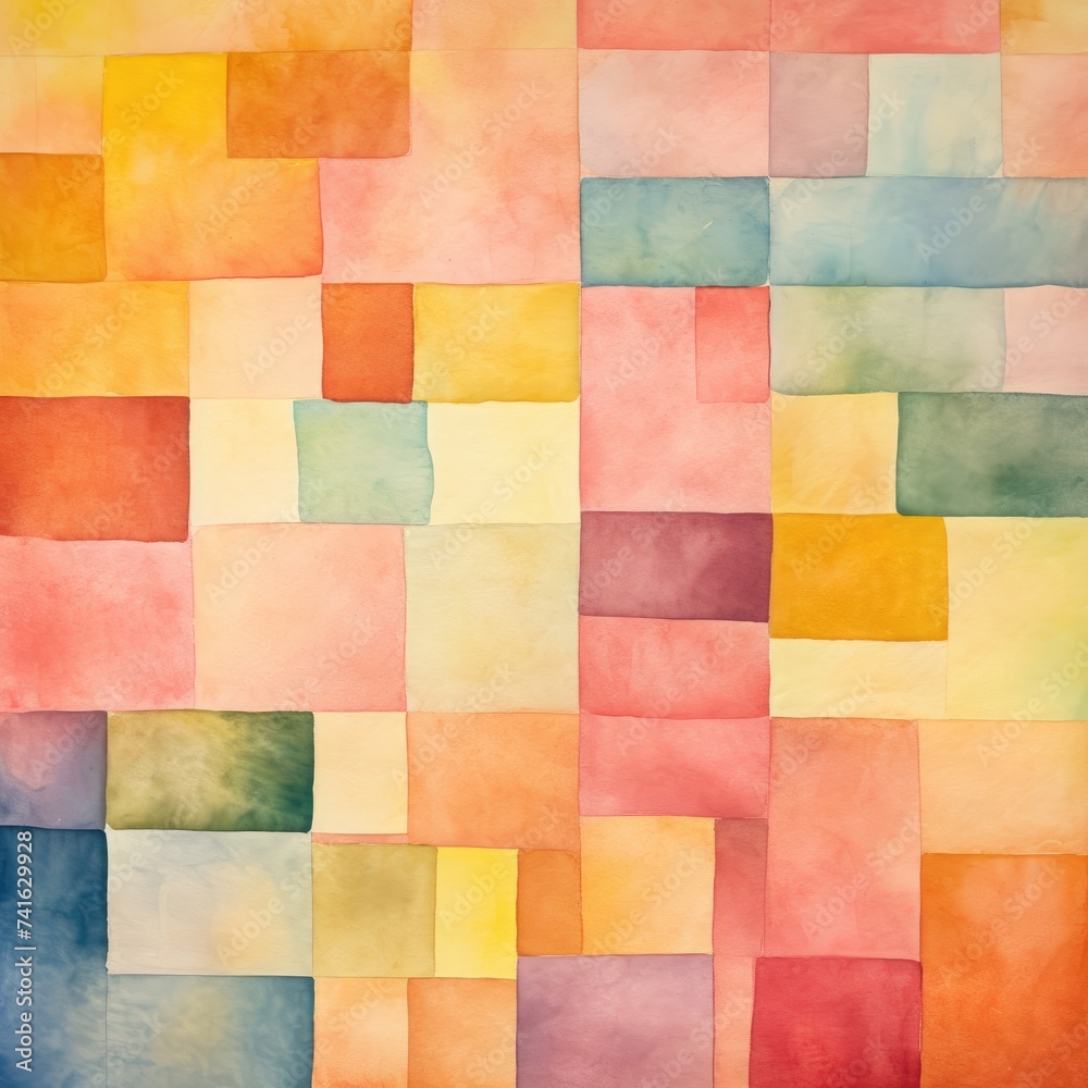 A painting featuring an array of squares in different sizes and vibrant colors arranged in an abstract composition.