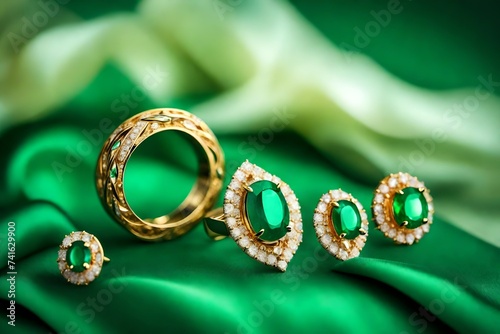 Beautiful Golden ring and pair of earrings with green Emerald and Diamonds gemstones on a green satin background. Luxury female jewelry, close-up. Selective focus