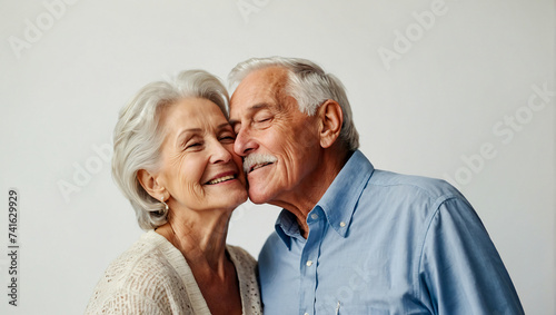 happy beautiful elder couple sharing a kiss on a clean white background