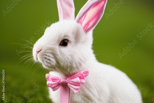 White rabbit wearing pink bow against green background