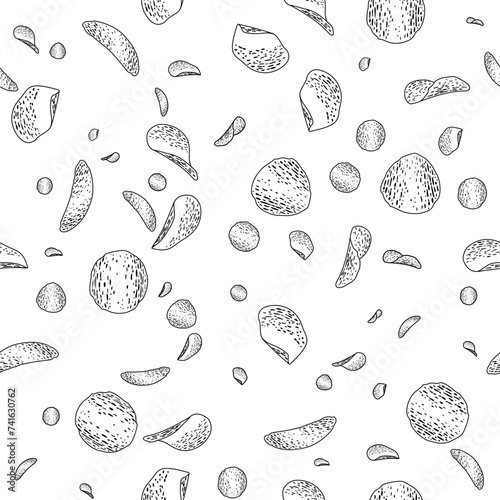 Seamless background with a black linear pattern of flying chips isolated on a white background. Vintage engraving stylized drawing. Vector illustration