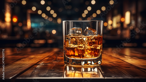 Concept illustration of whiskey bottle with a glass filled with drink on table