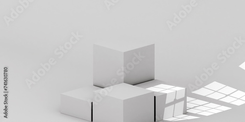 White simple cube empty product stage 3d background of blank space scene template platform display with window light or modern wall interior backdrop podium and geometric studio show room on presentat