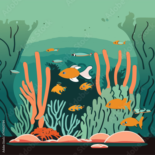 Vector Illustration of an Underwater Scene: Fishes, Corals, Minimal Design, Coral Vector, graphic illustration of a tropical sea world, undersea wildlife sea creatures Teal underwater background art
