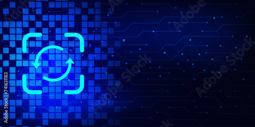 Upgrade or update software and system version. Computer program, business technology and digital interface concept on dark blue background.
