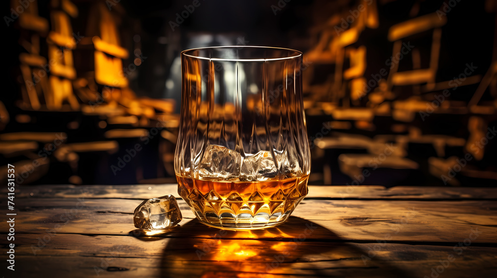 Concept illustration of whiskey bottle with a glass filled with drink on table