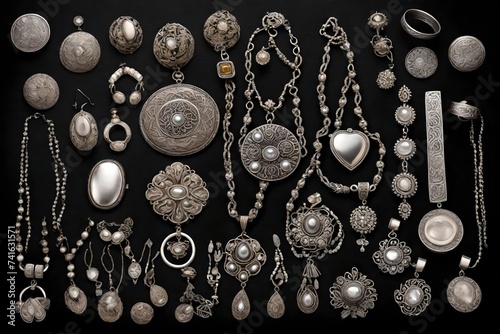 Collection of antique traditional silver jewelry on black paper