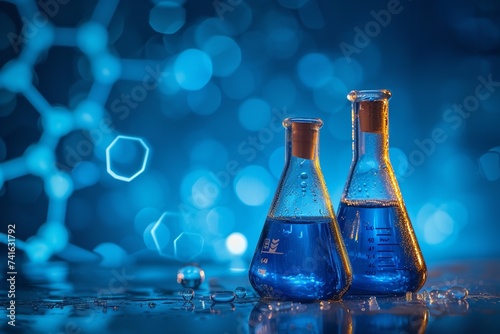 Chemical in a beaker and flask at a research lab. AI-generated