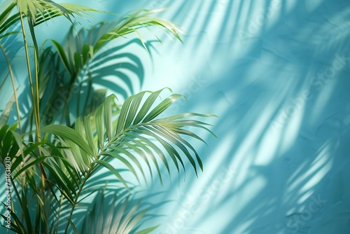 Palm leaves cast a hazy shadow on the bright blue surf. AI-generated