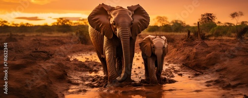 Baby elephant and mother stuck in mud at sunset in South Africa. Concept Wildlife Conservation, Elephant Rescue, Family Bonds, Natural Disasters, Environmental Impact