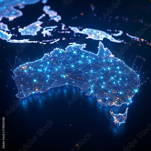 A digital depiction of Australia overlaid with intricate network connections, illustrating the country's role in the global exchange