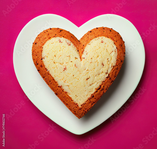 Heart shaped butter cake on white heart shaped plate against pink background, top view