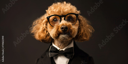 a dog with glasses on its face and a black background behind it is a black backdrop a dog wearing glasses and a tie with curly hair and a bow tie on it's head.