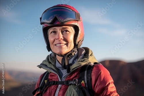 Portrait of a happy senior woman with mountain bike helmet in the mountains