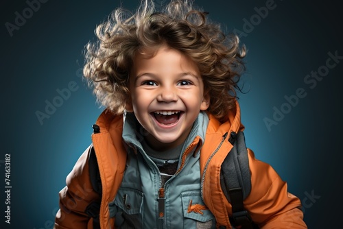 With a gleeful expression and a backpack in hand, a cheerful little bot embodies the spirit of going back to school, set against a vibrant blue background
