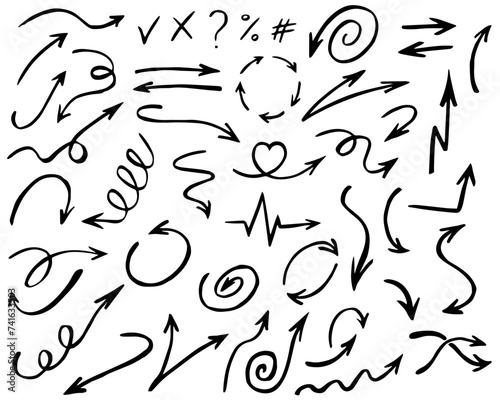 Hand drawn arrow icons vector set. Up and down pencil sketch arrows, right left direction pointers, cycle and way symbols. Scribble infographic elements. Left up down right direction icons. Tick cross
