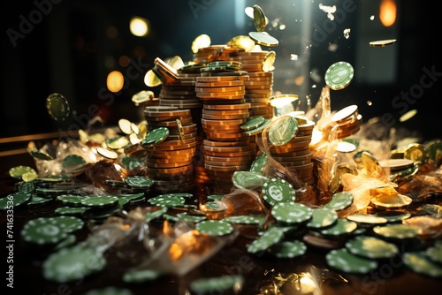 In a whirlwind of action, chips and money soar through the air in a casino, embodying the fast-paced and dynamic atmosphere of gaming
