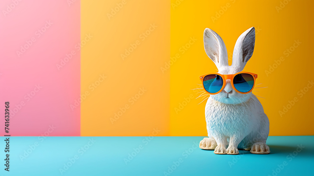Obraz premium a cute white plastic bunny wearing sunglasses on a pastel background Minimal color still life photography