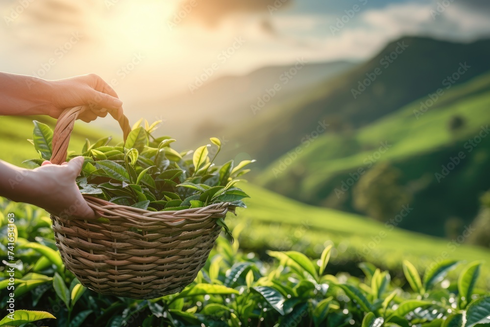 a man holding a basket of freshly picked tea leaves on a plantation, illustrating the harvesting and cultivation of tea. - obrazy, fototapety, plakaty 
