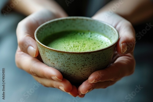 A close-up of a person's hands cradling a ceramic teacup filled with matcha tea symbolizing the meditative and mindful experience of drinking matcha. 