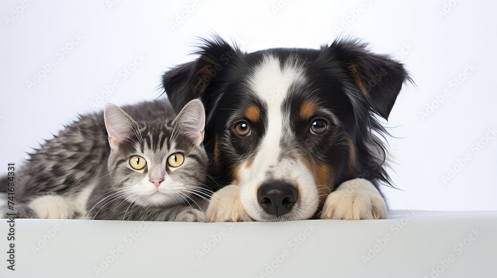 A patient Queensland Heeler mixed breed dog laying against a white backdrop and rolling his eyes up at a little kitten sitting on his head A patient Queensland Heeler mixed breed dog laying against a white backdrop and rolling his eyes up at a little kitten sitting on his head