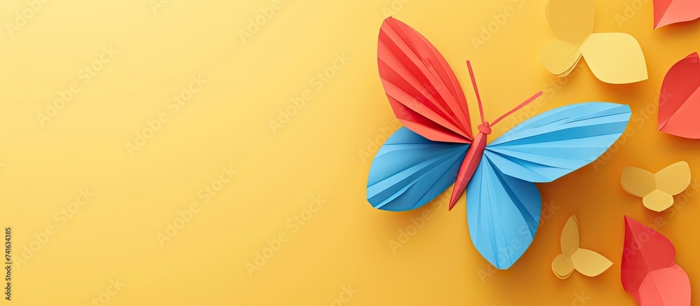 DIY butterfly Step by step instructions craft made of colored paper. with copy space image. Place for adding text or design - obrazy, fototapety, plakaty 
