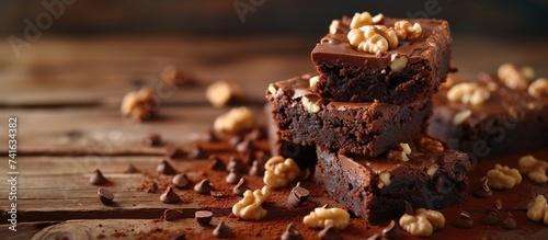 Chocolate spongy brownie cakes with walnuts and melted chocolate topping on a stack. with copy space image. Place for adding text or design photo