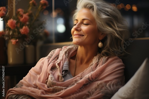 With a serene smile on her face, a senior woman awakens to greet the day with happiness and positivity, embodying the essence of old people's joy and contentment