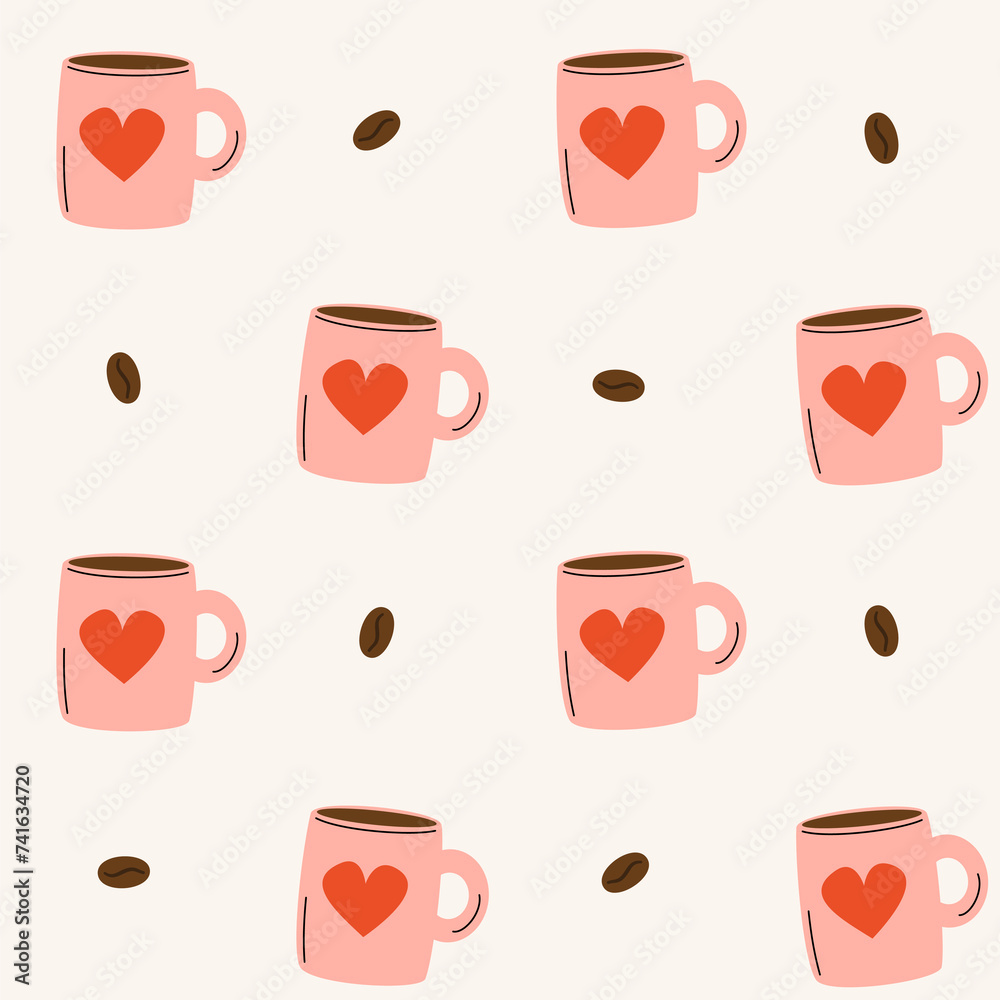 Obraz premium cute hand drawn seamless pattern with pink coffee cups with red hearts and coffee bean