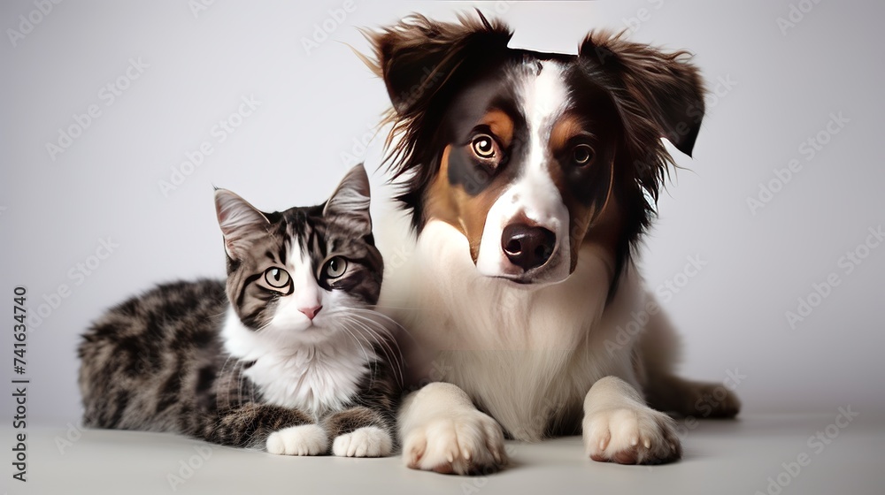 Obraz premium A patient Queensland Heeler mixed breed dog laying against a white backdrop and rolling his eyes up at a little kitten sitting on his head