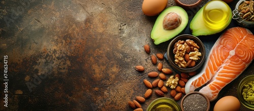 Selection food sources of omega 3 Super food high omega 3 and unsaturated fats for healthy food Almond pecan hazelnuts walnuts olive oils fish oils salmon flax seeds chia eggs and avocado
