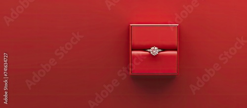 Engagement Diamond ring in a red box and present. with copy space image. Place for adding text or design © vxnaghiyev