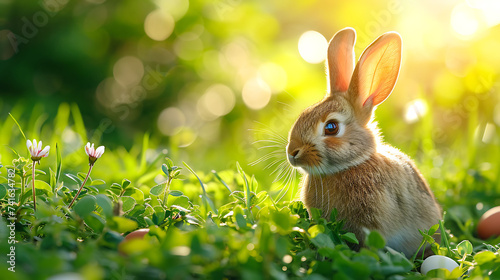 Easter bunny on fresh spring sunny garden background of green grass and blurred foliage bokeh. © Zain