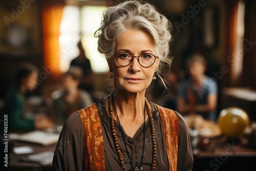 A senior woman teacher, with years of experience, stands confidently near the whiteboard in the classroom, prepared to educate and empower her students with valuable lessons