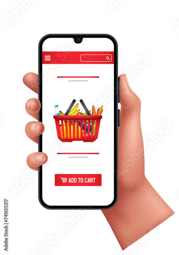 Online shopping on a smartphone. Hand holding a smartphone. Vector flat illustration isolated on white background.