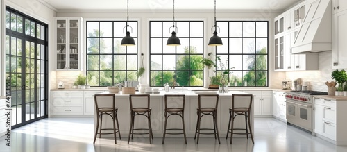 Elegant kitchen with big windows white cupboards and kitchen island and modern white chairs. with copy space image. Place for adding text or design photo