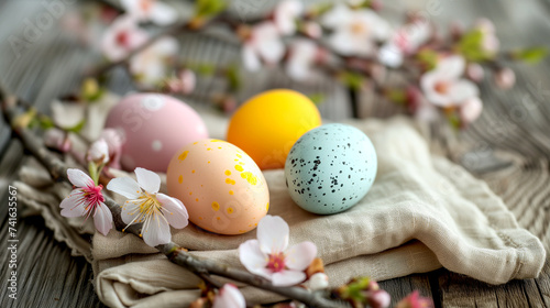 Easter still life with colorful eggs and sakura branches close-up © PETR BABKIN