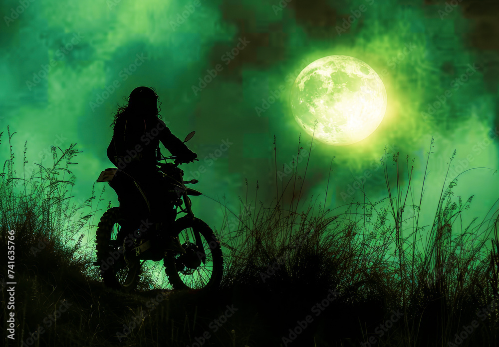 Naklejka premium Motorcyclist's Moonlit Ride on a Dirt Bike.