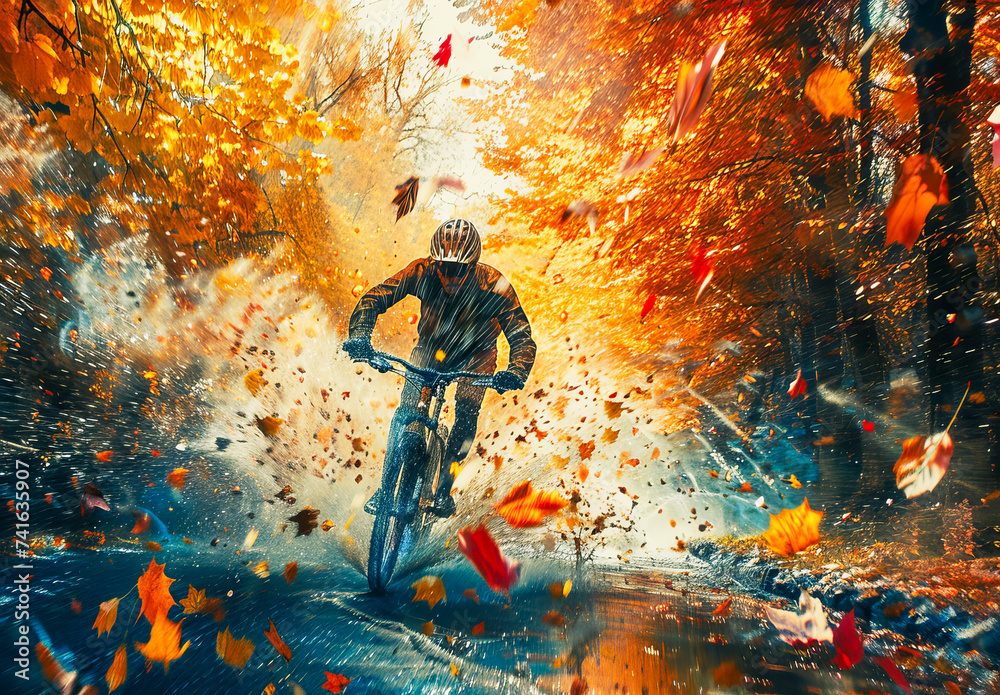 Cyclist Speeding Through Autumn Leaves.